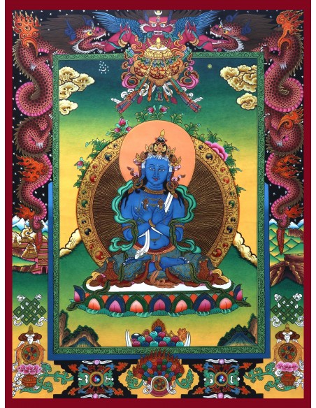 An artistic representation of Vajradhara Dorje Chang, surrounded by flames and holding a vajra and a bell, pure gold, vajra guru