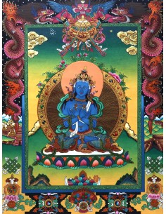 An artistic representation of Vajradhara Dorje Chang, surrounded by flames and holding a vajra and a bell, pure gold, vajra guru 2