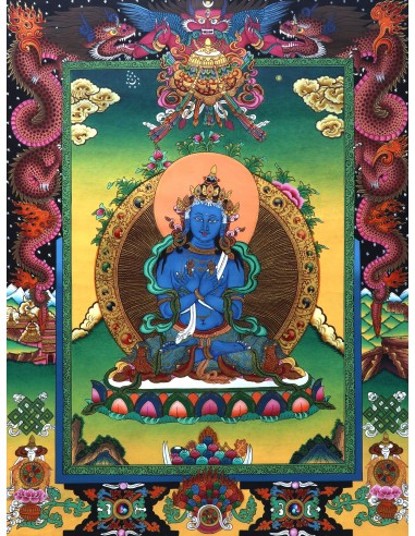 An artistic representation of Vajradhara Dorje Chang, surrounded by flames and holding a vajra and a bell, pure gold, vajra guru