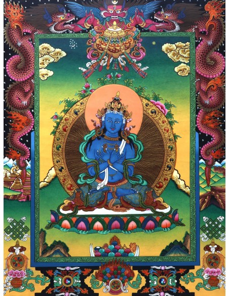 An artistic representation of Vajradhara Dorje Chang, surrounded by flames and holding a vajra and a bell, pure gold, vajra guru