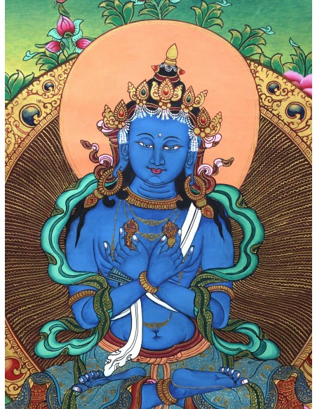 An artistic representation of Vajradhara Dorje Chang, surrounded by flames and holding a vajra and a bell, pure gold, vajra guru