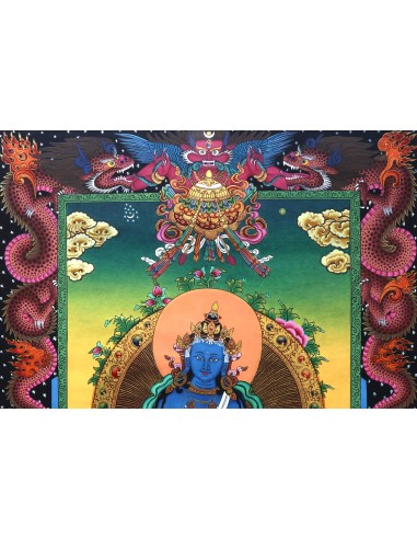 An artistic representation of Vajradhara Dorje Chang, surrounded by flames and holding a vajra and a bell, pure gold, vajra guru