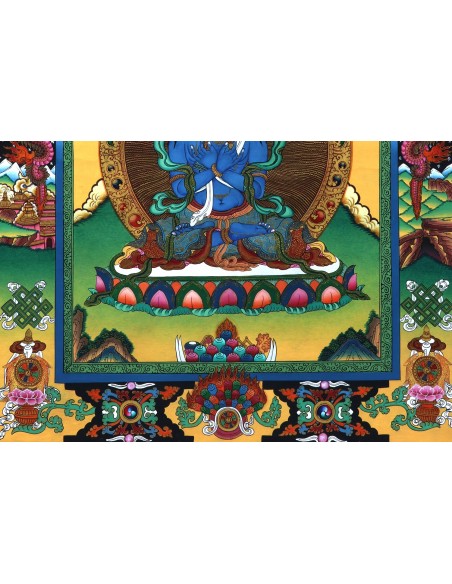 An artistic representation of Vajradhara Dorje Chang, surrounded by flames and holding a vajra and a bell, pure gold, vajra guru