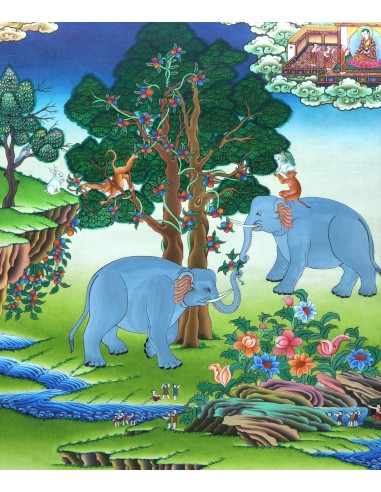 Four Kind-hearted Friends Thangka, Four Generous Friends Thangka, Four Devoted Friends Thangka, Four Friends Elephant, monkey, r