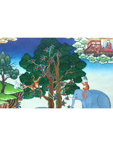 Four Kind-hearted Friends Thangka, Four Generous Friends Thangka, Four Devoted Friends Thangka, Four Friends Elephant, monkey, r