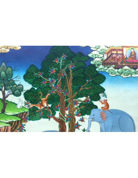 Four Kind-hearted Friends Thangka, Four Generous Friends Thangka, Four Devoted Friends Thangka, Four Friends Elephant, monkey, r