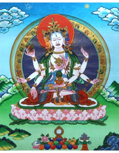 the elimination of obstacles, and the attainment of long life and wisdom, Victorious Lady, three faces and eight arms, 24k gold