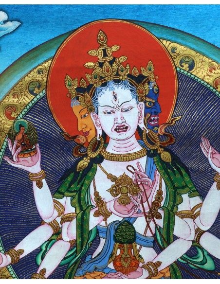 the elimination of obstacles, and the attainment of long life and wisdom, Victorious Lady, three faces and eight arms, 24k gold