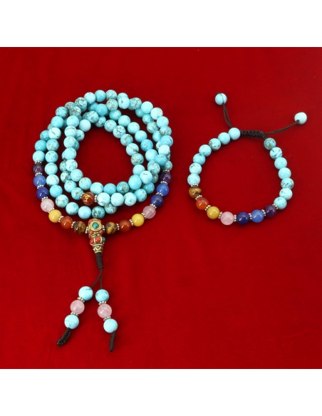 Turquoise 8mm beads size Seven Chakra Japa Mala Set, crown, third eye, throat, heart, solar plexus, sacral and root chakra, 0.5m