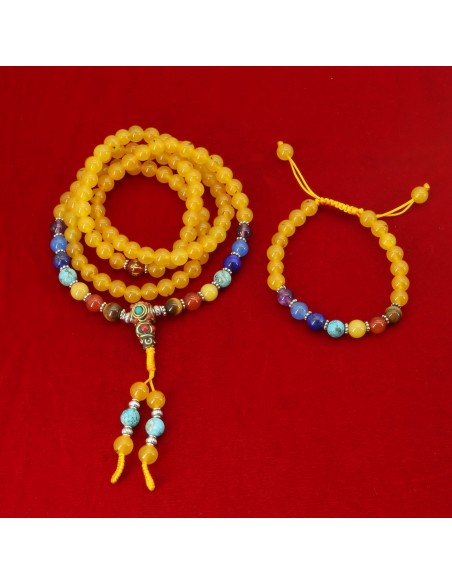 Yellow jade 7 chakra Japa mala and bracelet set, the Root Chakra, also known as the Sacral Chakra, base of spine