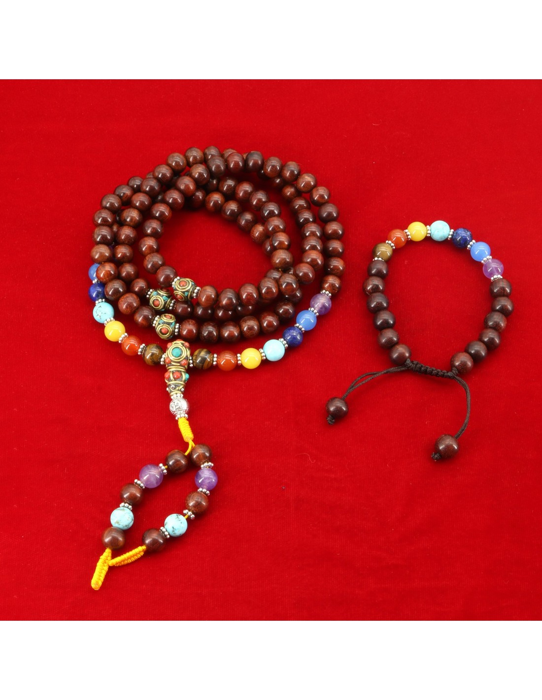 Natural Sandalwood Bead & 7 Chakra Crystal Mala Necklace