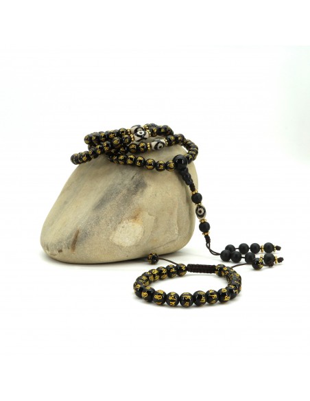 Black om mani padme hum carving japa mala set, chanting beads, buddhist prayer, meditation, healing, root chakra, 108 japa bwads