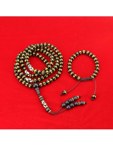 Black om mani padme hum carving japa mala set, chanting beads, buddhist prayer, meditation, healing, root chakra, 108 japa bwads