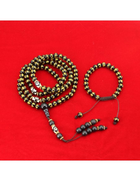 Black om mani padme hum carving japa mala set, chanting beads, buddhist prayer, meditation, healing, root chakra, 108 japa bwads