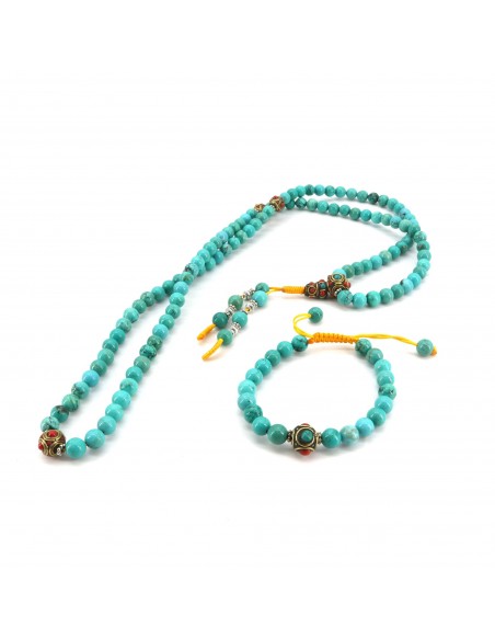 Turquoise Japa mala and adjustable bracelet set, tibetan turquoise handmade mala and bracelet, healing necklace, inner peace jap