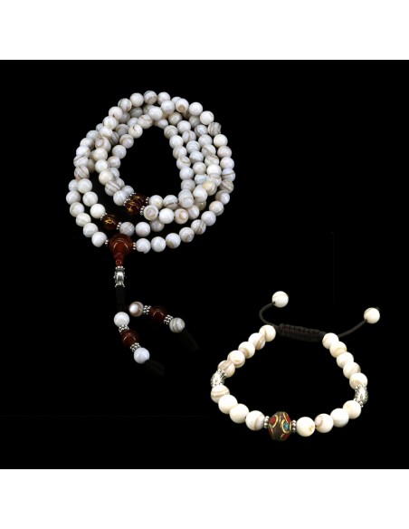 White Mother Of Pearl Japa Mala and Bracelet Set, Chanting Beads, prayer beads, buddhist wrist band, yoga children healing japa