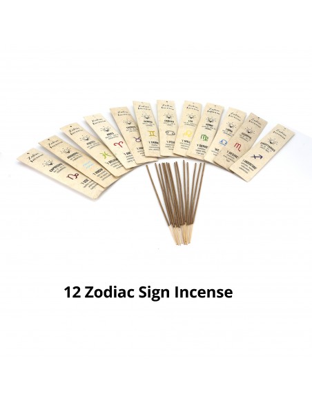 Aries, Taurus, Gemini, Cancer, Leo, Virgo, Libra, Scorpio, Sagittarius, Capricorn,  Aquarius and Pisces zodiac stick incense.