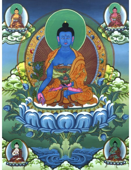 5 Buddhas, Shakyamuni buddha, vairochana buddha, amitabha buddha, amogasiddhi buddha Cotton Canvas Thangka Painting