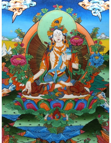 White tara long-life, healing, compassion, health, Thangka, cotton canvas, 24 karat pure gold, mineral and vegetable pigments