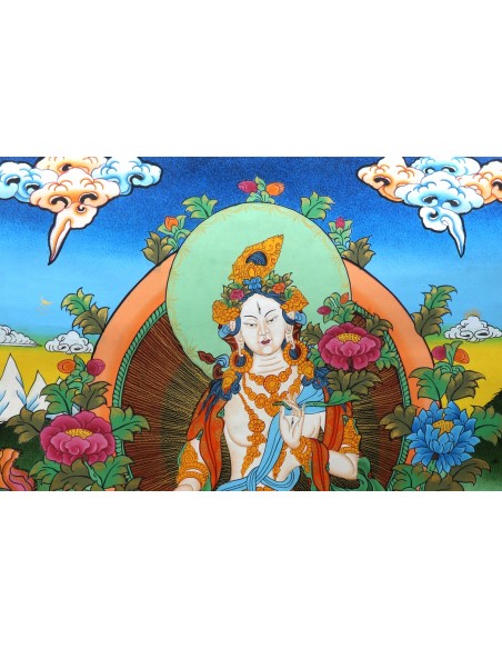 White tara long-life, healing, compassion, health, Thangka, cotton canvas, 24 karat pure gold, mineral and vegetable pigments