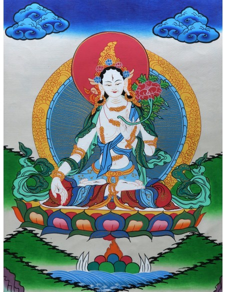 White tara long-life, healing, compassion, health, Thangka, cotton canvas, Mantra, Spirituality, Enlightenment