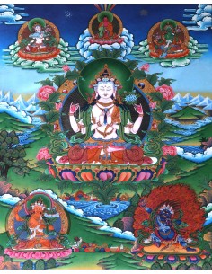 Tse Lha Nam Sum Pure Gold Tibetan thangka, Chhela Nam Sum Thangka, Avalokiteshvara, full gold painting, painting gift, Love 2