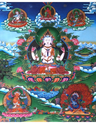 Tse Lha Nam Sum Pure Gold Tibetan thangka, Chhela Nam Sum Thangka, Avalokiteshvara, full gold painting, painting gift, Love