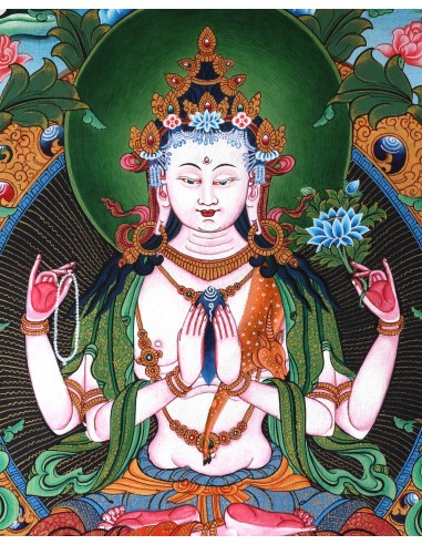 Tse Lha Nam Sum Pure Gold Tibetan thangka, Chhela Nam Sum Thangka, Avalokiteshvara, full gold painting, painting gift, Love