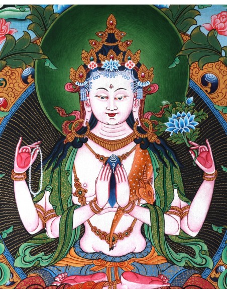 Tse Lha Nam Sum Pure Gold Tibetan thangka, Chhela Nam Sum Thangka, Avalokiteshvara, full gold painting, painting gift, Love