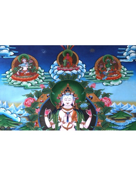 Tse Lha Nam Sum Pure Gold Tibetan thangka, Chhela Nam Sum Thangka, Avalokiteshvara, full gold painting, painting gift, Love