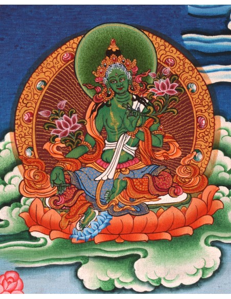 Tse Lha Nam Sum Pure Gold Tibetan thangka, Chhela Nam Sum Thangka, Avalokiteshvara, full gold painting, painting gift, Love