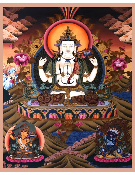 Rig sum Gonpa Thangka Traditional Tibetan Buddhist 36x26" Painting, Rig Sum Gonpa Jampeyang(Manjushree), Chenresig(Avalokiteshva