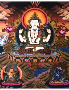 Rig sum Gonpa Thangka Traditional Tibetan Buddhist 36x26" Painting, Rig Sum Gonpa Jampeyang(Manjushree), Chenresig(Avalokiteshva 2