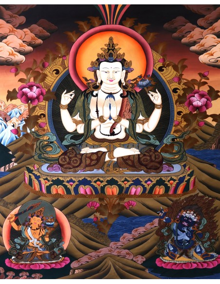 Rig sum Gonpa Thangka Traditional Tibetan Buddhist 36x26" Painting, Rig Sum Gonpa Jampeyang(Manjushree), Chenresig(Avalokiteshva