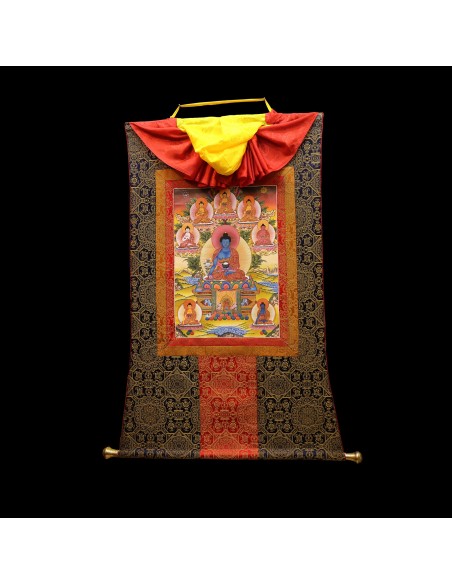 An artistic representation of Vajradhara Dorje Chang, surrounded by flames and holding a vajra and a bell, pure gold, cotton can
