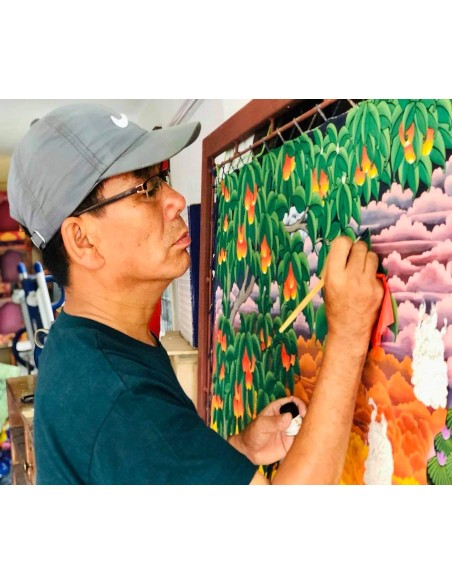 Avalokiteshvara Buddha four-armed, carrying a rose flower in the right hand and shankha beads in left, handmade thanka paint