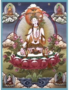 17"x13.5" White Tara With 4 Buddhas (Head) Thangka Painting