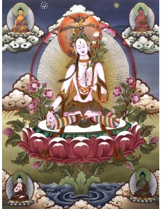 17"x13.5" White Tara With 4 Buddhas (Head) Thangka Painting 2
