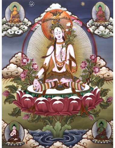 17"x13.5" White Tara With 4 Buddhas (Head) Thangka Painting