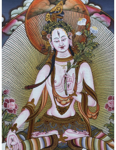 17"x13.5" White Tara With 4 Buddhas (Head) Thangka Painting